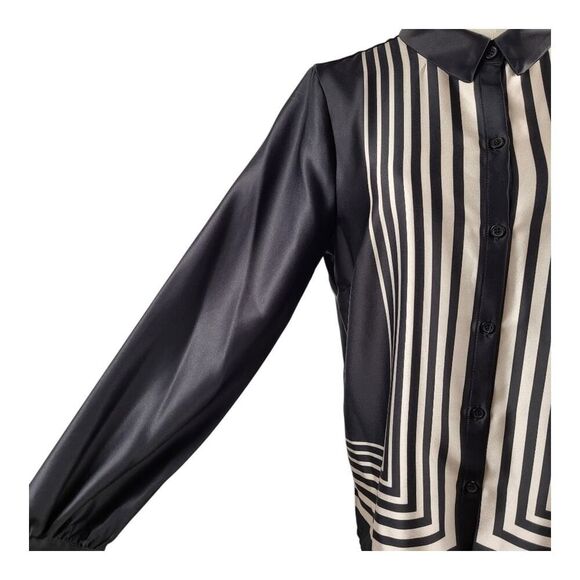 NEW Halogen Small Geo Boxed Black and White Striped Shirt Button-Up Retro Casual - Picture 10 of 15